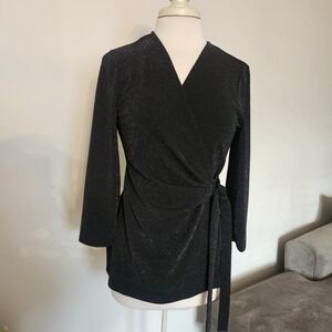 Anne Klein Black W/ Silver Sparkle Faux Wrap Top - Size Medium - NWT -  MSRP $79